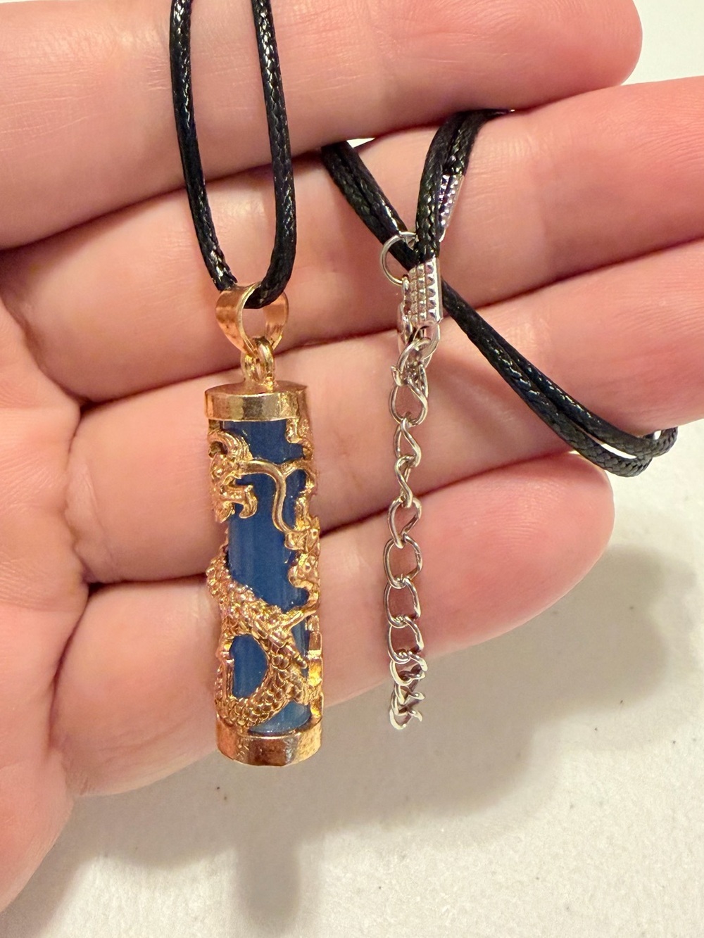 Clow In Dark Gold Dark Blue Dragon Pendant Necklace